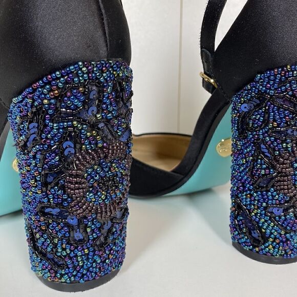 Blue by Betsey Johnson Embellished Black Silk Strap Block Heel Sybil Women's 6 - Picture 8 of 9